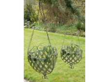 Metal Vintage Green Distressed Floral Metal Hanging Flower Baskets - 2 Sizes