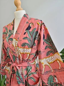 Cotton Robe Kimono Multi Jungle Printed Bathrobe Indian Women Night Dress Covers - Picture 1 of 7