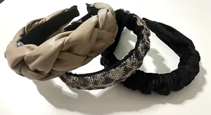 Tasha Headbands 3 Tan Leather Braid -flaw Black Ribbed Velvet Leopard Rhinestone - Picture 1 of 15
