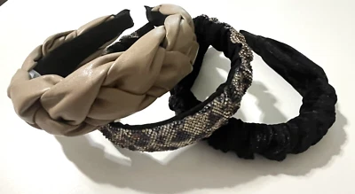Tasha Headbands 3 Tan Leather Braid -flaw Black Ribbed Velvet Leopard Rhinestone - Image 1 of 4