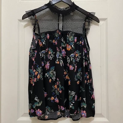 Arizona Jean Co Floral Lace Top Black Sleeveless Ruffle Mock Neck Sheer Medium - Image 1 of 4