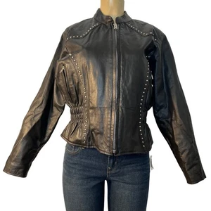 Markenlose schwarze Lederjacke mit Nieten Größe L - Bild 1 von 11