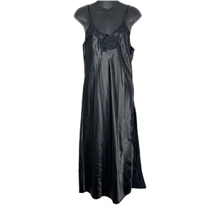 Intimate Style Womens Small Black Satin Lace Trim Midi Slip Dress Nightgown Y2K - Picture 1 of 11