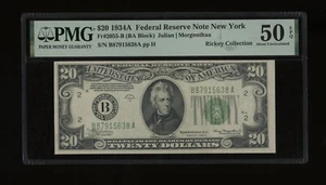 DBR 1934-A $20 FRN New York Fr. 2055-B PMG AU-50 EPQ Serial B87915638B - Picture 1 of 2