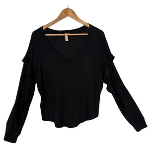 Pilcro Anthropologie Top Womens M Black Waffle Knit Ruffle Long Sleeve BOHO - Picture 1 of 7