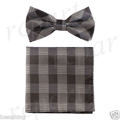 Nuevo conjunto de pajarita y pañuelo a cuadros preatados a cuadros para hombre fiesta formal graduación marrón Foto 1 de 4