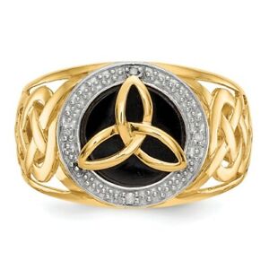 14 KT Yellow Gold Polished Irish Scottish Trinity Onyx Diamond Ring NEW Filigree