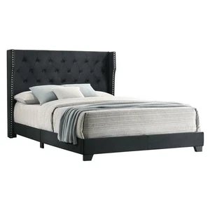 Black Velvet Panel Bed with Tufted Headboard in Full Size - Picture 1 of 3