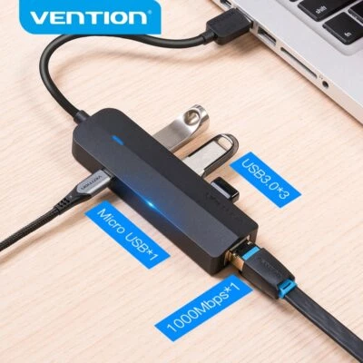 USB 3.0 to Ethernet Adapter 3 Port USB 3.0 Hub Network Adapter 1000M Laptop PC - Image 1 of 4