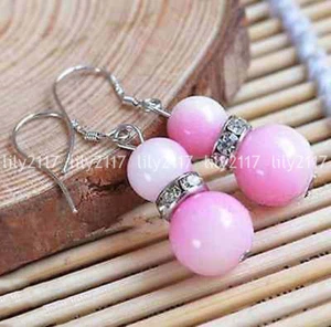 Natural 8mm 12mm Pink Chalcedony Gems Round Beads Silver Hook Dangle Earrings - Picture 1 of 4