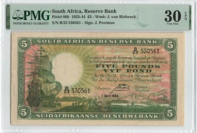 SOUTH AFRICA 5 Pounds 1943, P-86b, PMG 30 EPQ, Excellent Original Example. - Image 1 of 2
