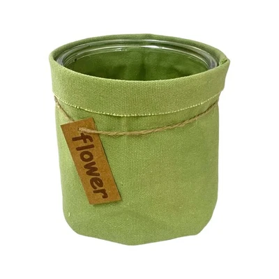 SANDRA RICH, Glas- VASE, Windlicht, Übertopf mit TEXTIL ÜBERZUG, 12x12,5cm GRÜN - Bild 1 von 2