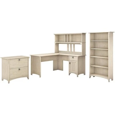 Bush Furniture Salinas L Shaped Wood Desk with Hutch & Storage in Antique White - Image 1 of 4