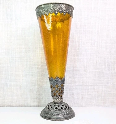 Jarrón de vidrio craquelado color ámbar vintage base de latón plateado 12" de alto hecho en India Foto 1 de 4