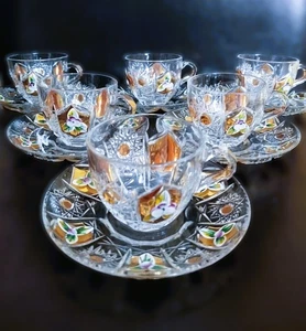 Bohemia glass little tea, coffee cups decorated gold and enamel, 6+6 pcs - Picture 1 of 7