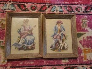 Vintage needlepoint & petit point pair of framed pictures Victorian lady man set - Picture 1 of 3