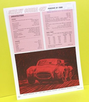 Hoja de especificaciones de alto rendimiento 1966 original 427 AC Cobra Carroll Shelby Race Fogg 1965 folleto Foto 1 de 4