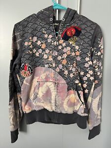 Lucky Brand Geisha Hoodie VINTAGE Y2K Japanese Embroidered All Over Print SMALL