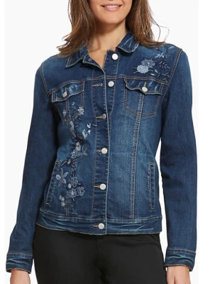 Chaqueta de mezclilla elástica bordada floral azul Bandolino Sarah San Francisco Foto 1 de 4