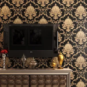 10M Black Gold Vintage Damask Waterproof Embossed Textured PVC Wallpaper Roll - Picture 1 of 7