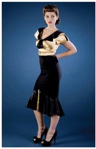 Retro 40s Fishtail Bodycon Stretchy Gold Black Dress Size UK18 By Stop Staring! - Picture 1 of 13