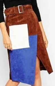 NEW ASOS LEVRON SKIRT Brown 100% leather Suede Wrap Pencil Skirt uk 12 - Picture 1 of 10