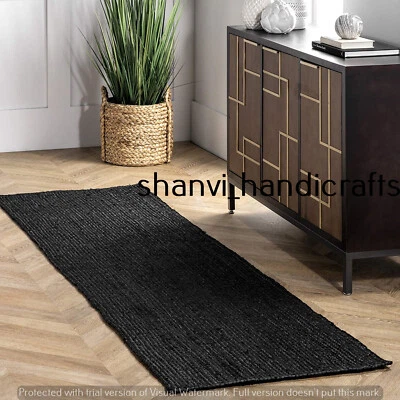 Braided Black Color Jute Handmade Runner Handwoven Carpet Area Rug Floor Carpet - Image 1 of 4