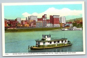 Wheeling WV postcard Water Front & Business Section, From the Island, Ohio River - Picture 1 of 2