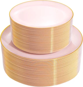 100PCS Pink Plastic Plates - Heavy Duty Pink and Gold Disposable Plates for Part - Picture 1 of 12