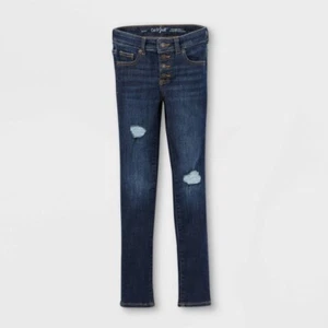Cat & Jack Girls' Distressed Lace Mid-Rise Dark Wash Skinny Demin Jeans Size 10 - Picture 1 of 3