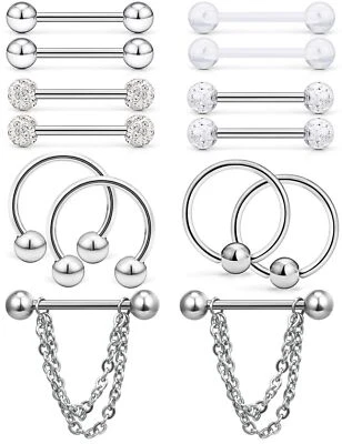 Hoeudjo 14 Piezas 14G Cadena de Acero Quirúrgico Cuelga Pezón Anillos Barra Piercing J... Foto 1 de 4