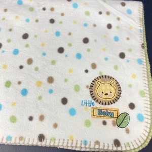 Just Born White Baby Blanket Brown Green Yellow Dots Little Lion Fleece 2012 - Picture 1 of 4