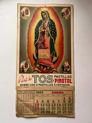 Virgen de Guadalupe Virgin Mary Wall Calendar drugstore Adv Robina medicine 40's - Image 1 of 4