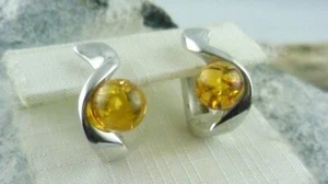 Ohrringe organische Form Naturbernstein Bernstein rhodiniert 925 Sterling Silber - Picture 1 of 4