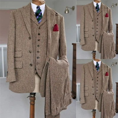 Trajes de hombre vintage tweed mezcla de lana abrigo 3 piezas espiga blazer fiesta esmoquin Foto 1 de 4