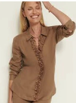 Camisa Chico's Talla 4 XXL US20 Marrón 100% Lino Apliques Florales Manga Larga Cuello en V Foto 1 de 4