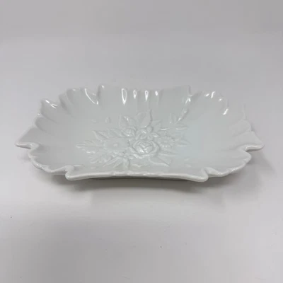 Vintage White Scalloped Porcelain Vanity Dish with Raised Floral Design – 6" - Image 1 of 4