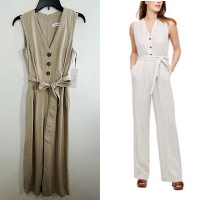 全新带标签 Calvin Klein 卡其色亚麻混纺宽腿纽扣前无袖连身裤 2 — 第 1/4 张图片