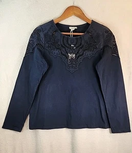 Sundance 100% Cotton Womens Navy Blue Eyelet Long Sleeve XS New With Tags  - Picture 1 of 6