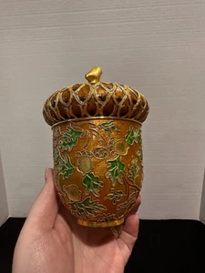 Vintage Acorn Shaped Lidded Trinket Box Jar Cloisonné Style Enamel - Picture 1 of 7