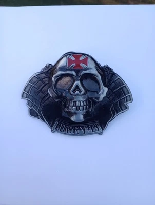 Gran Calavera Motocicleta Lucky 13 Hebilla de Cinturón Harley 4"X3' Negro Metal Goth Spade Foto 1 de 4