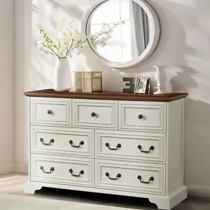 Farmhouse 7 Drawers Wood Dresser Storage Organizer Cabinet Chest for Bedroom - Picture 1 of 12