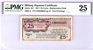 Series 461 REPLACEMENT 25 Cents Military Payment Certificate PMG Pick S801-1r - Picture 1 of 13