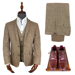 Tweed Suit Wedding 3 Piece Beige Donegal Jacket Trouser Waistcoat FREE SHOES - Picture 1 of 10