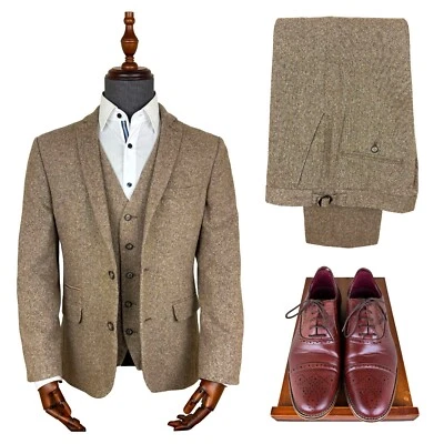 Traje Tweed 3 Piezas Beige Donegal Chaqueta Pantalón Chaleco ZAPATOS MARRONES GRATIS Para Hombre Foto 1 de 4