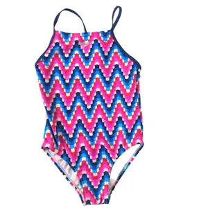 Speedo Girls One Piece Swimsuit Size Small Blue Pink Red White Zig Zag Geometric - Picture 1 of 6