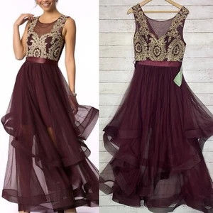 City Triangles Dark Burgundy Maroon Golden Lace Mesh Ballgown Floor Length Dress - Picture 1 of 9