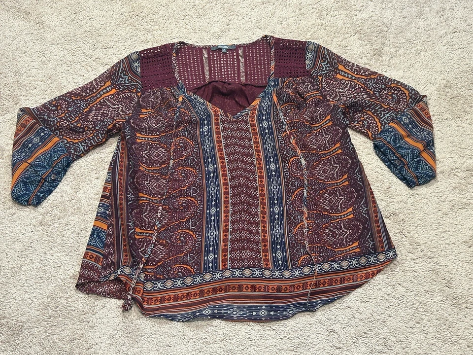 Женская рубашка Miss Me размер средний многоцветный кружевной акцент галстук спереди струящийся комфорт - Изображение 1 из 4