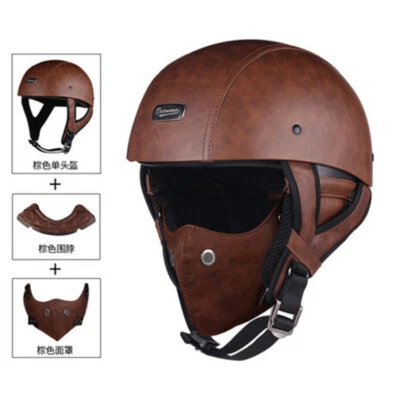 Vintage Leather Motorcycle Half Open Helmet Fashion Scooter Helmet w/Face Mask Foto 1 de 4