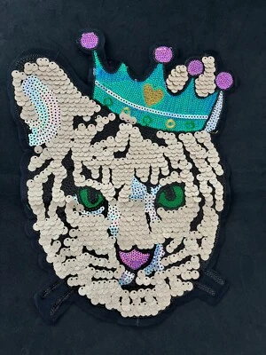 Huge Crown RRoyal Cat Sequin Sew-on Patch High Quality Sequin Big Cat Patch - Image 1 of 4